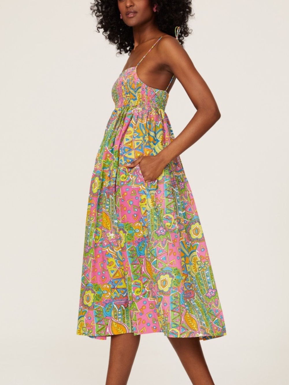 S/W/F SWF Paisley Smocked Sundress Midi Dress Pink Multi - Size Small